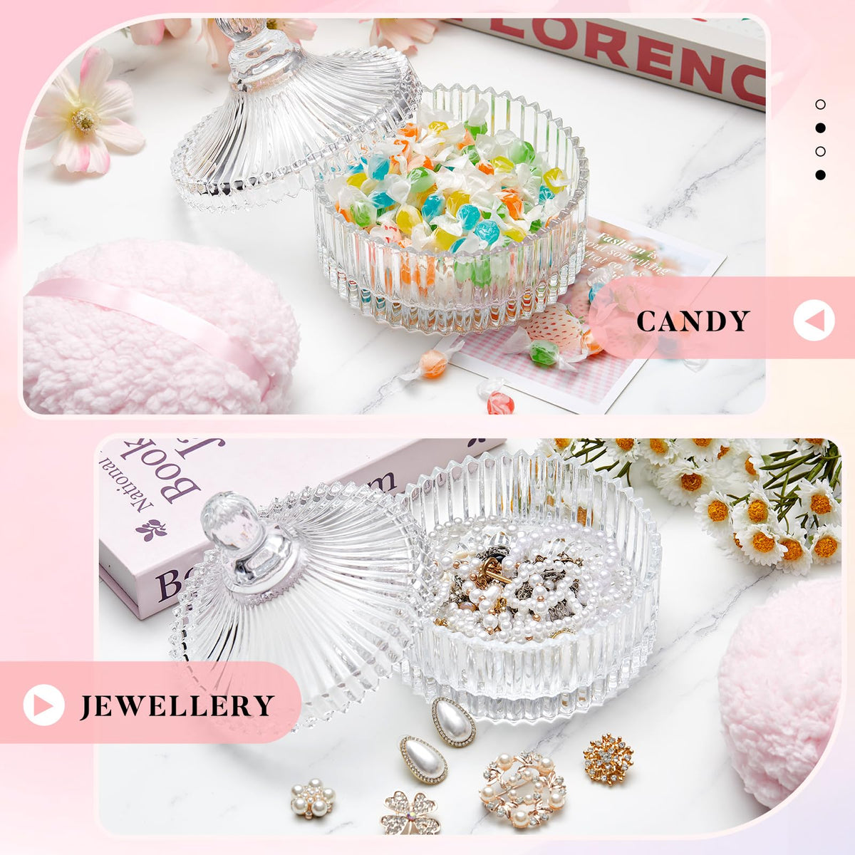 Tioncy container holding jewelry and puffs for dual-purpose organization