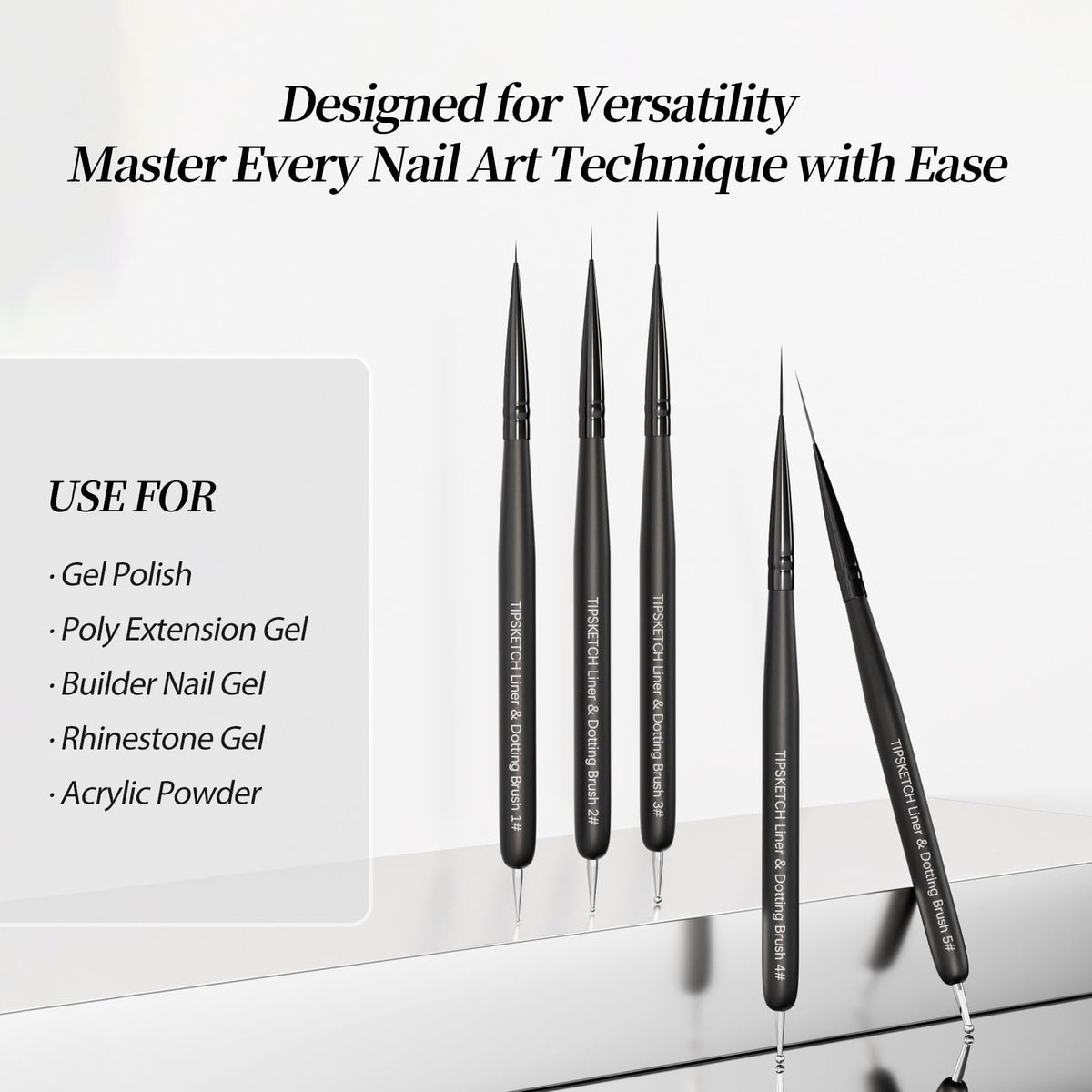 Tipsketch in use drawing long thin lines on a nail, assuring clean consistent stripes