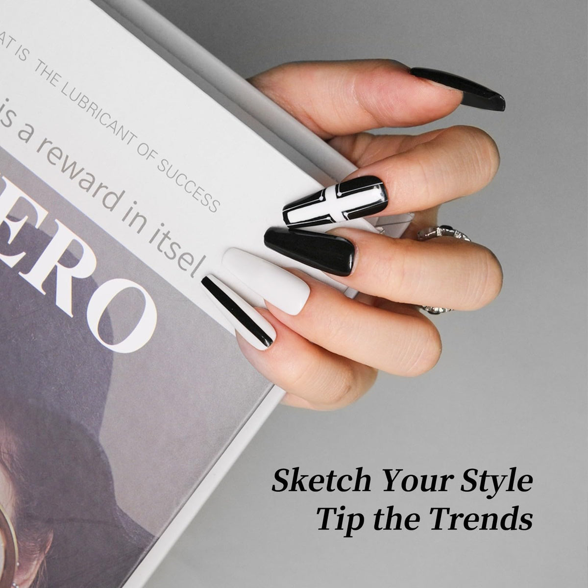 Tipsketch lifestyle salon desk with brushes, polish, and finished nails inspiring designs