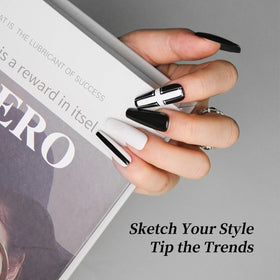 Tipsketch lifestyle salon desk with brushes, polish, and finished nails inspiring designs