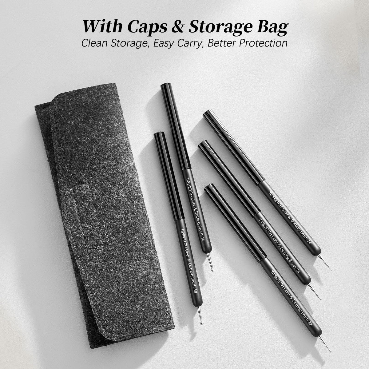 Tipsketch brushes with protective caps displayed, maintaining tip shape and hygiene