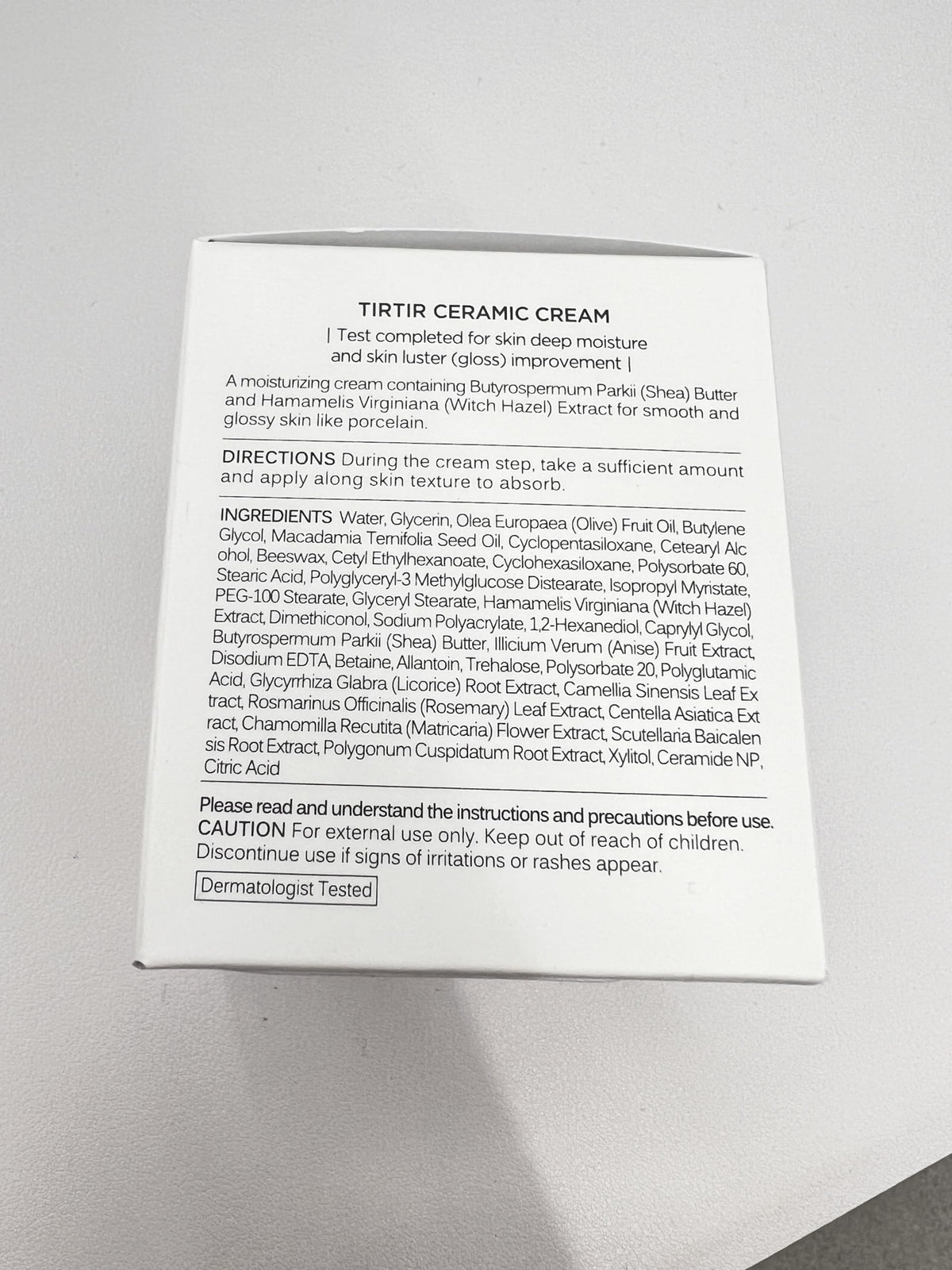 TIRTIR ceramic cream packaging label detail focusing on ingredient highlights and product claims