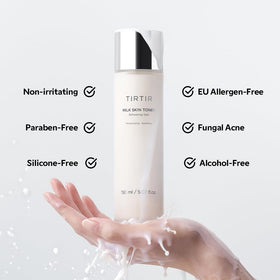 TIRTIR toner on palm being pressed into skin to show quick absorption and priming benefit