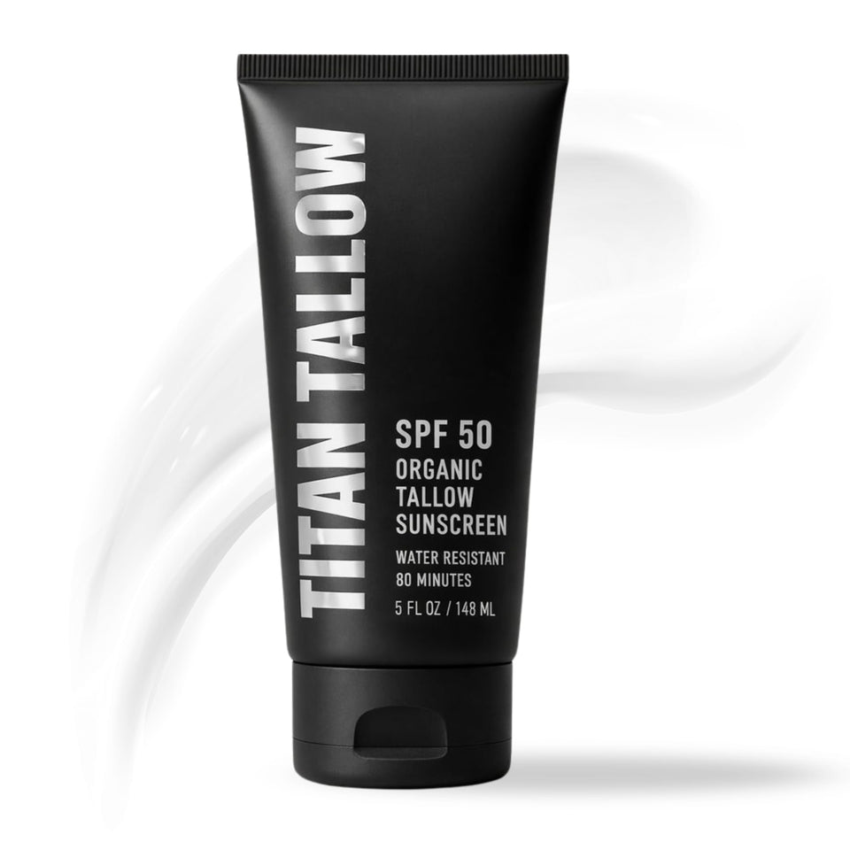 Titan Tallow front jar view showing packaging and SPF 50 protection