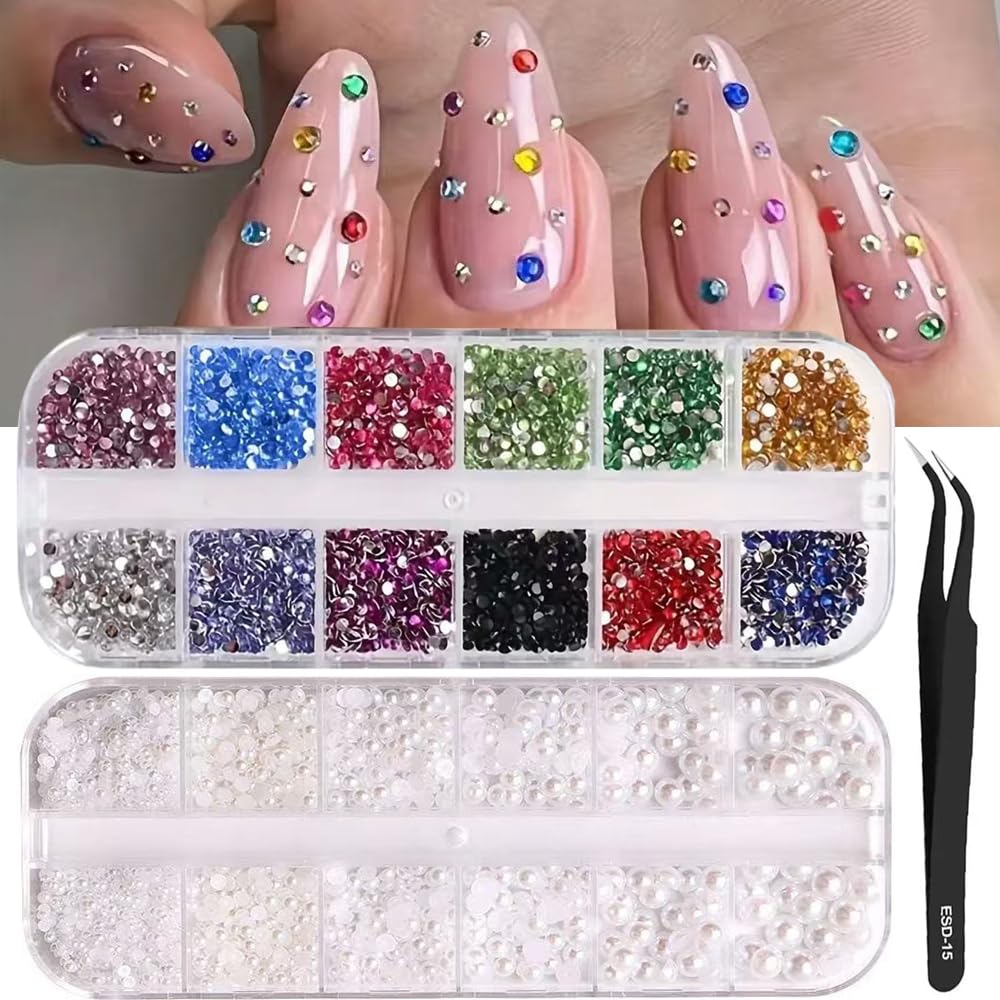 Tiwnefua front packaging showing two organized rhinestone boxes and included tweezer for easy storage