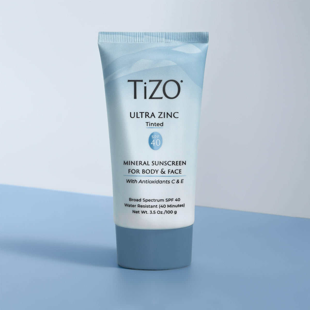 TIZO ingredients label close-up listing 20% zinc oxide and antioxidants
