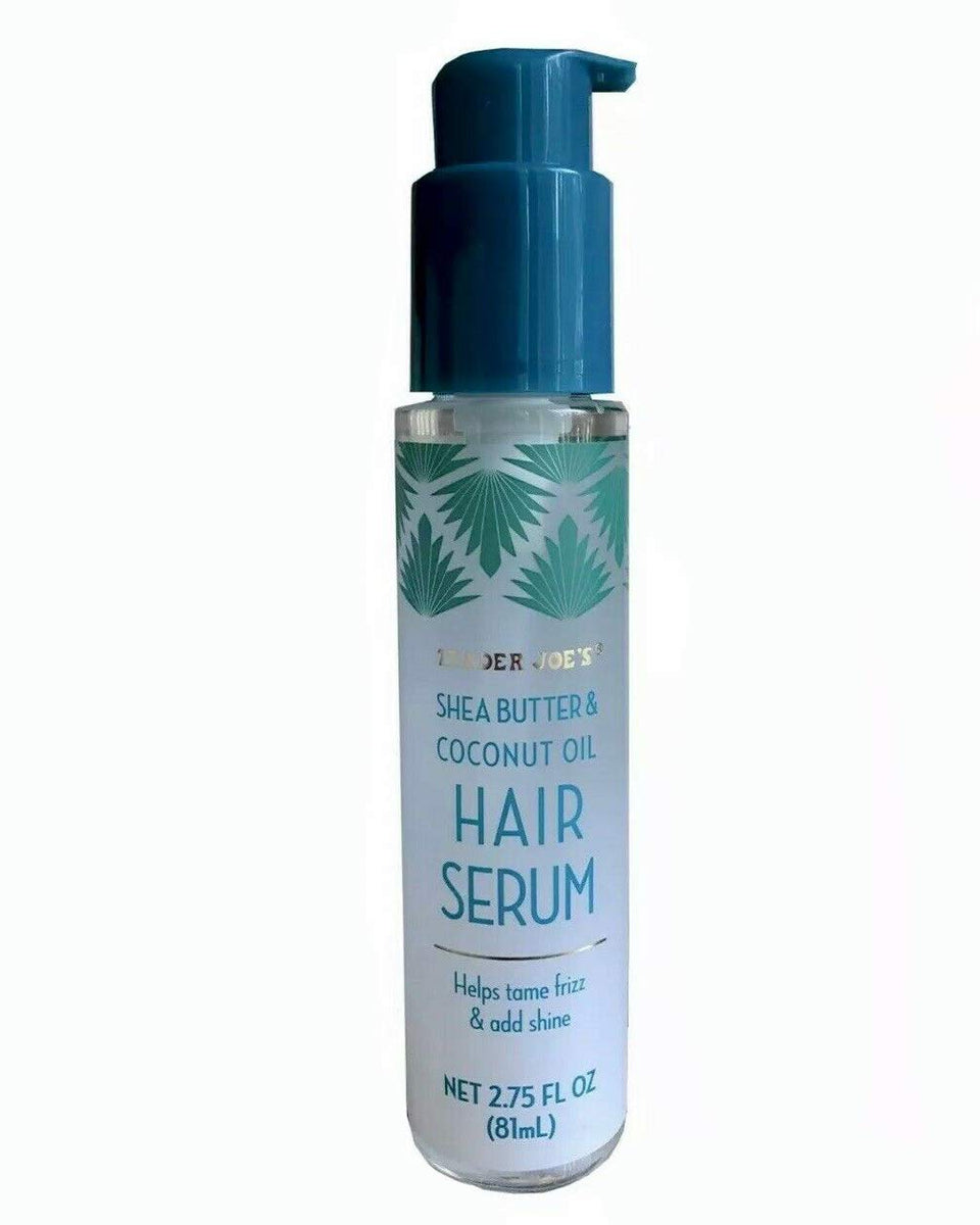 Trader Joe's hair serum front bottle showing label and sleek packaging benefit lightweight shine