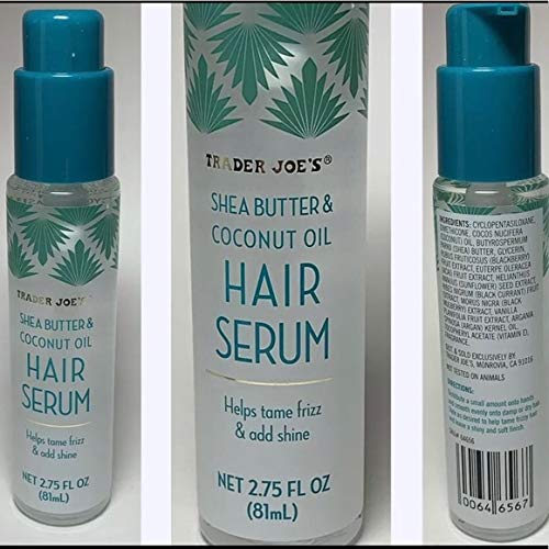 Trader Joe's hair serum ingredients closeup highlighting oils and extracts for smoothness