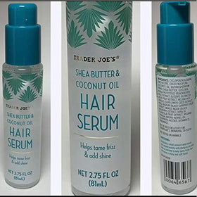 Trader Joe's hair serum ingredients closeup highlighting oils and extracts for smoothness