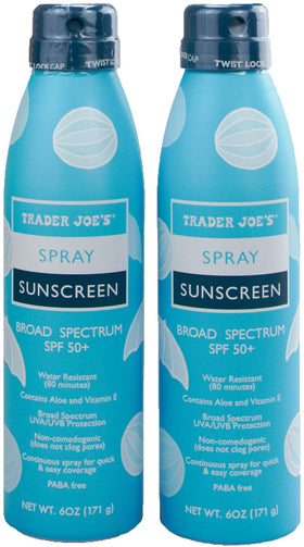 TJ's nourish spray front packaging showing two cans and clear SPF branding, travel-ready