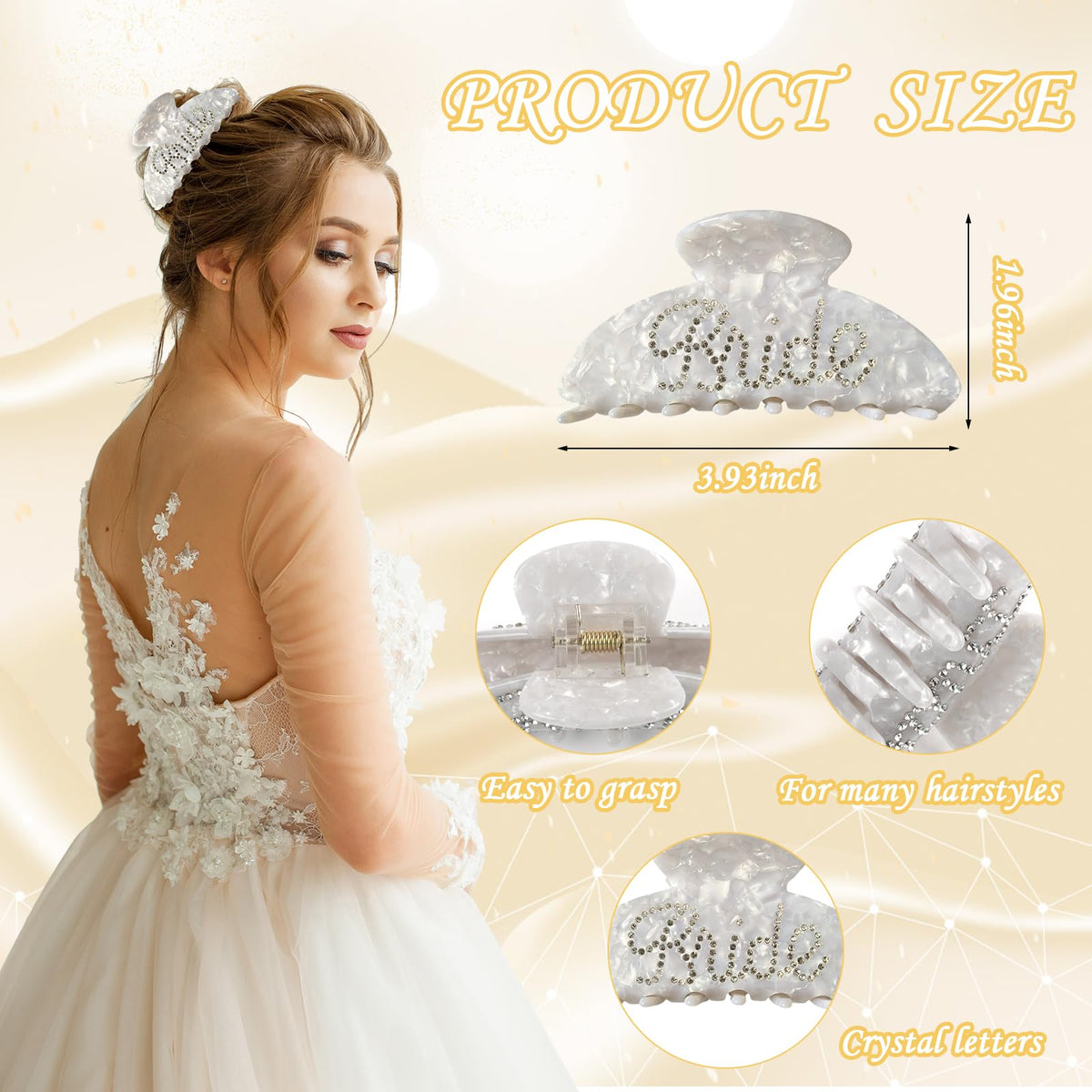 Tkifoda Bride hair claw top view with rhinestone letters adding sparkle to hairstyles benefit