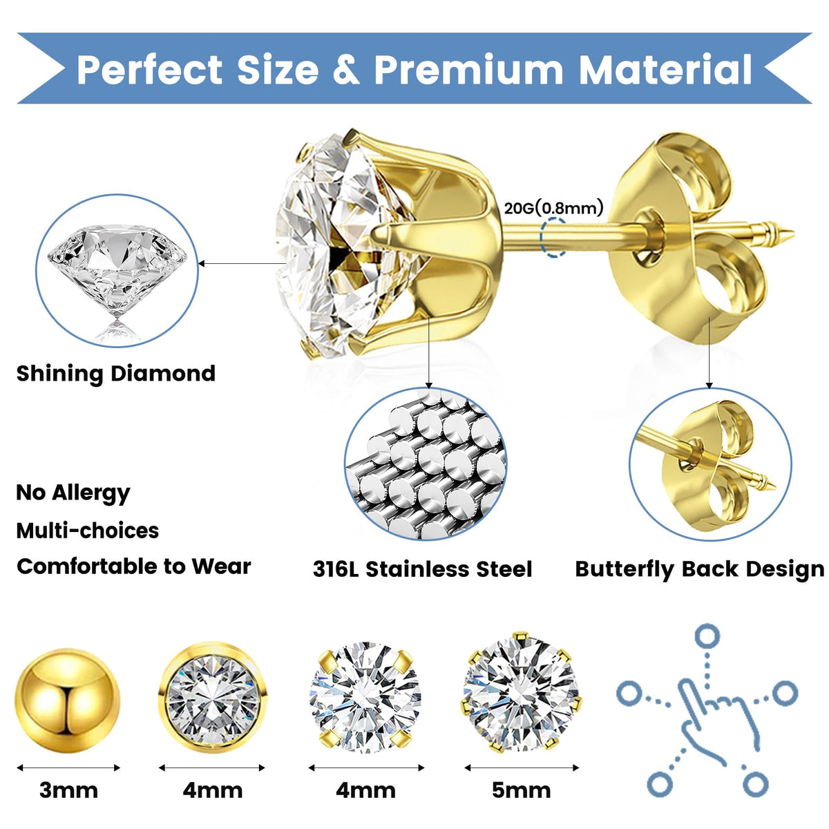TKKUY assorted cubic zirconia and ball studs arrayed to show style variety
