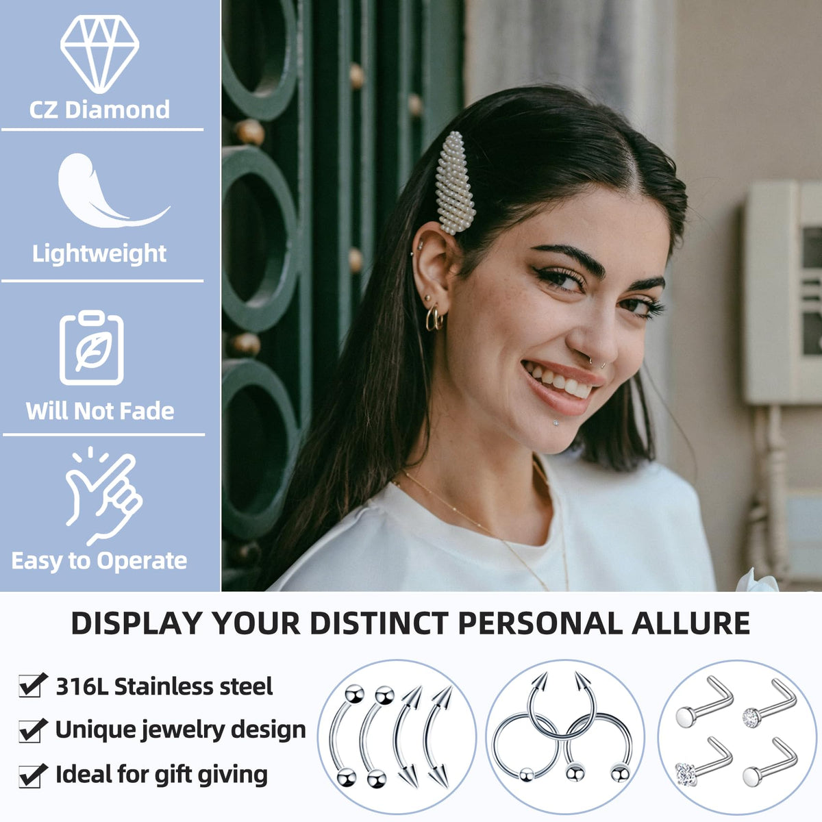 TKKUY labret and curved barbell collection displayed to show gauge and style options