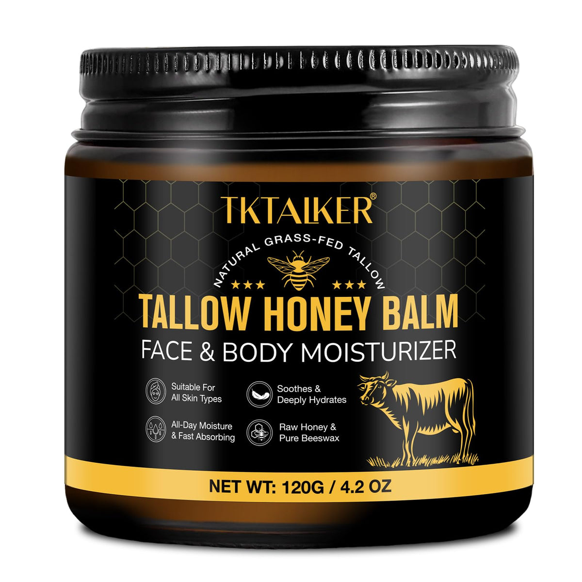 TKTALKER jar front view showing natural beef tallow balm packaging and gentle scent