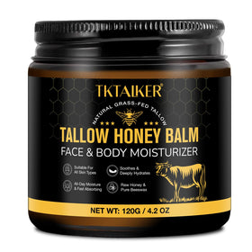 TKTALKER jar front view showing natural beef tallow balm packaging and gentle scent