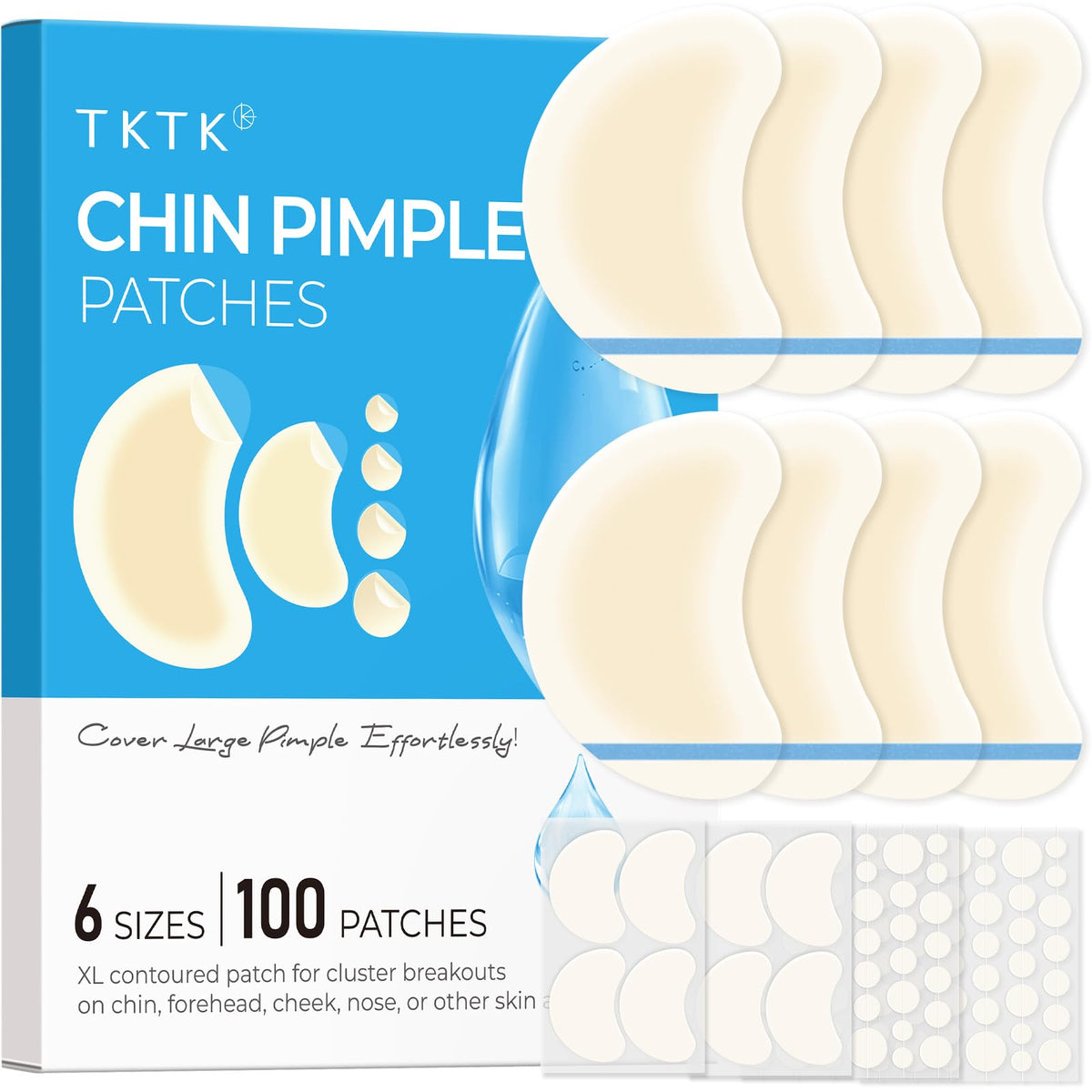 TKTK front packaging showing 100-count acne patch pack for easy supply
