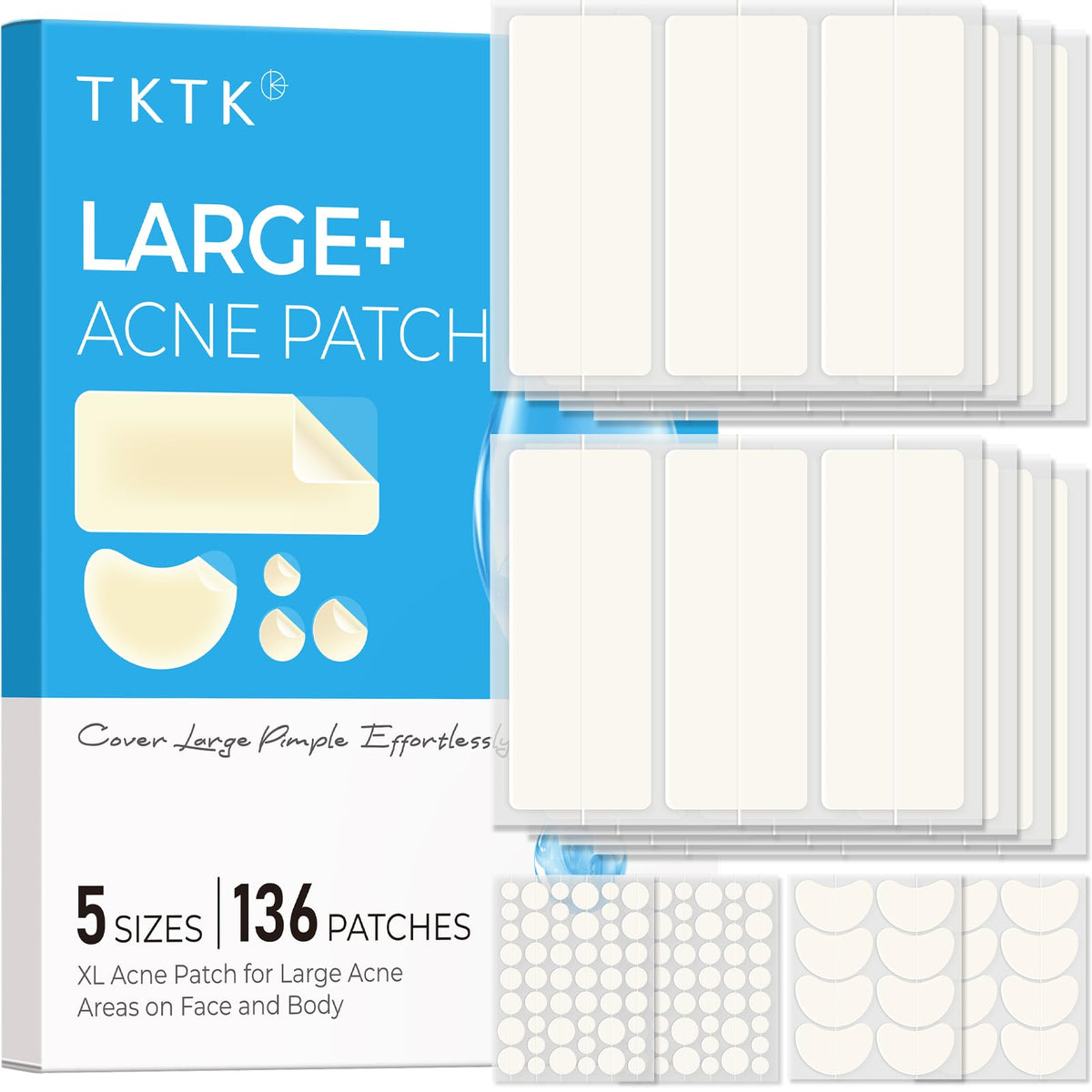 TKTK front packaging showing XL hydrocolloid patches and kit benefit