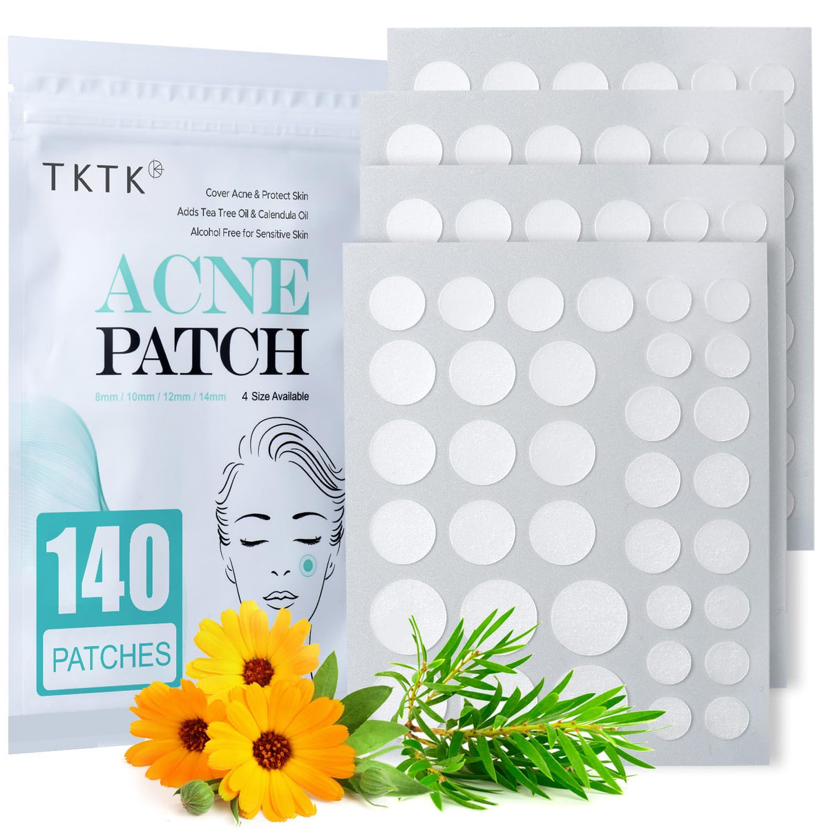 TKTK front packaging showing 140 acne patches and sizes for quick selection