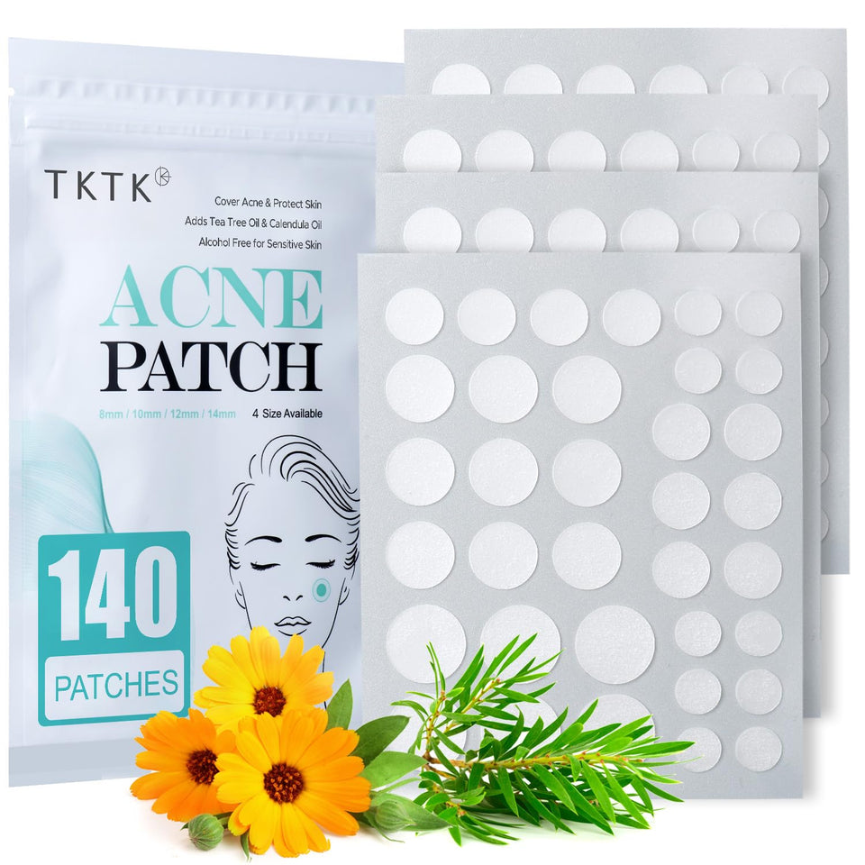 TKTK front packaging showing 140 acne patches and sizes for quick selection