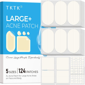 TKTK front packaging showing 124-count acne patches and sizes for quick selection