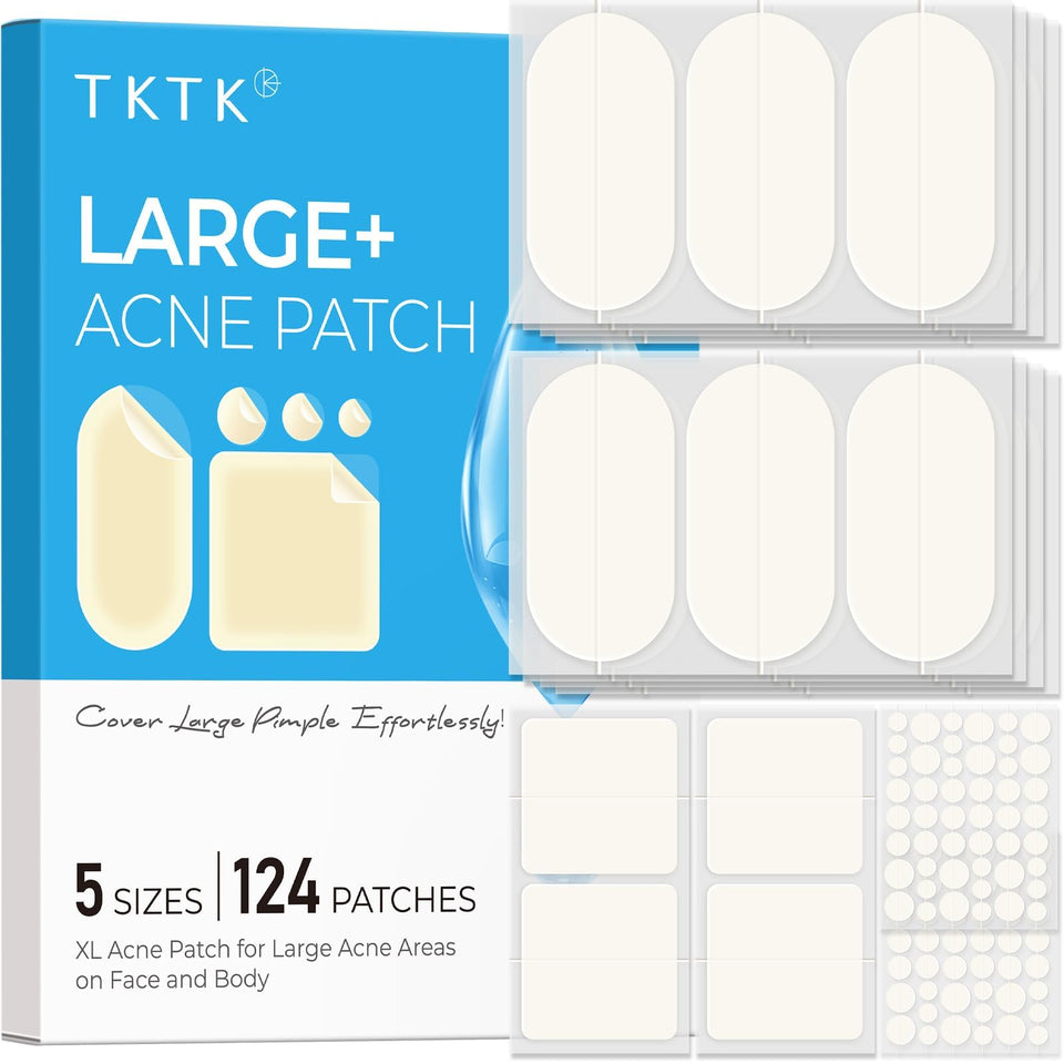 TKTK front packaging showing 124-count acne patches and sizes for quick selection