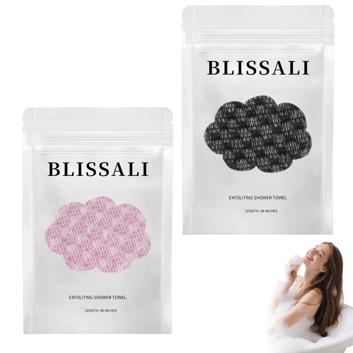 TLOPA Blissal front view showing towel colors and packaging benefit gentle daily use