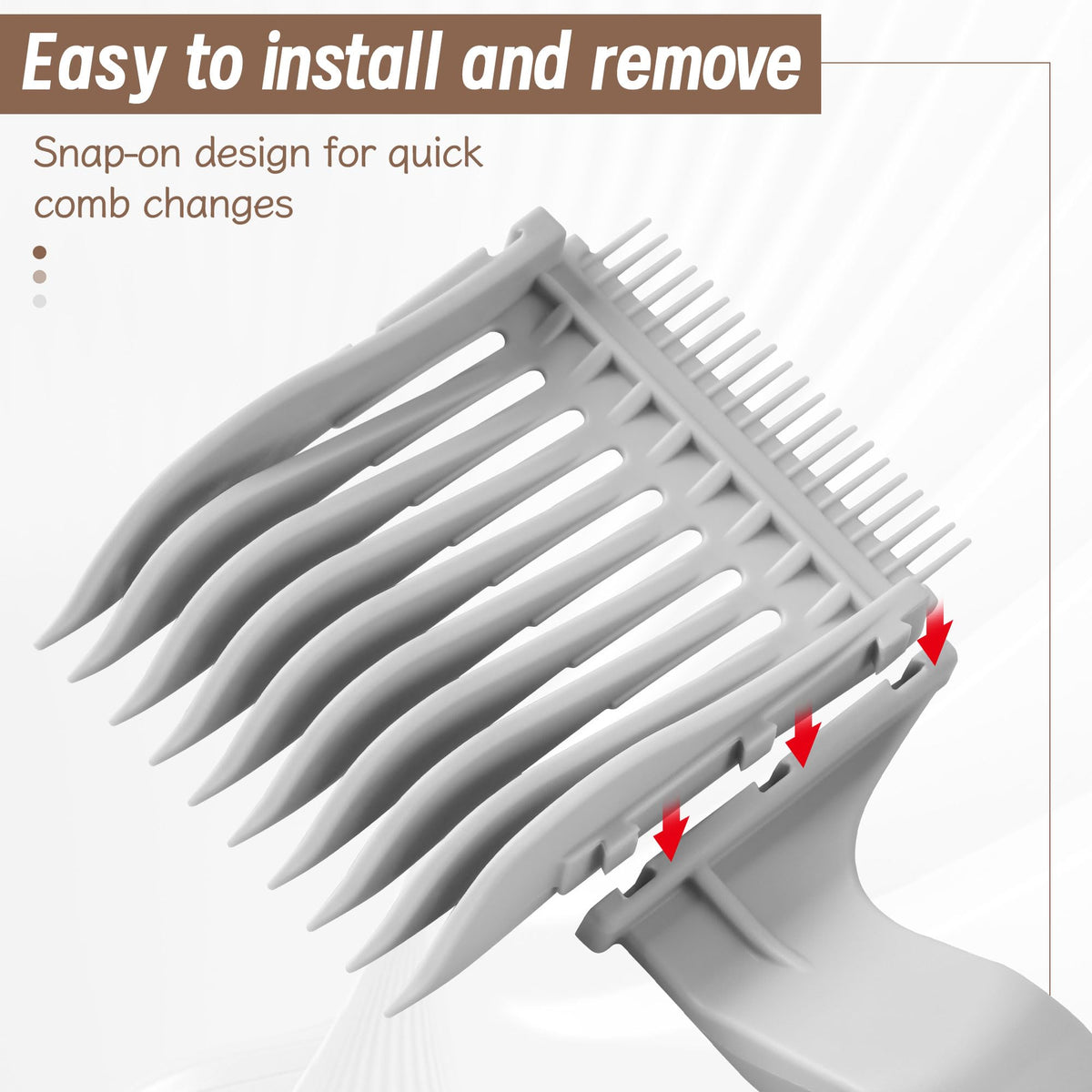 TMJUU demonstration of detachable comb head snapping onto handle for quick swaps