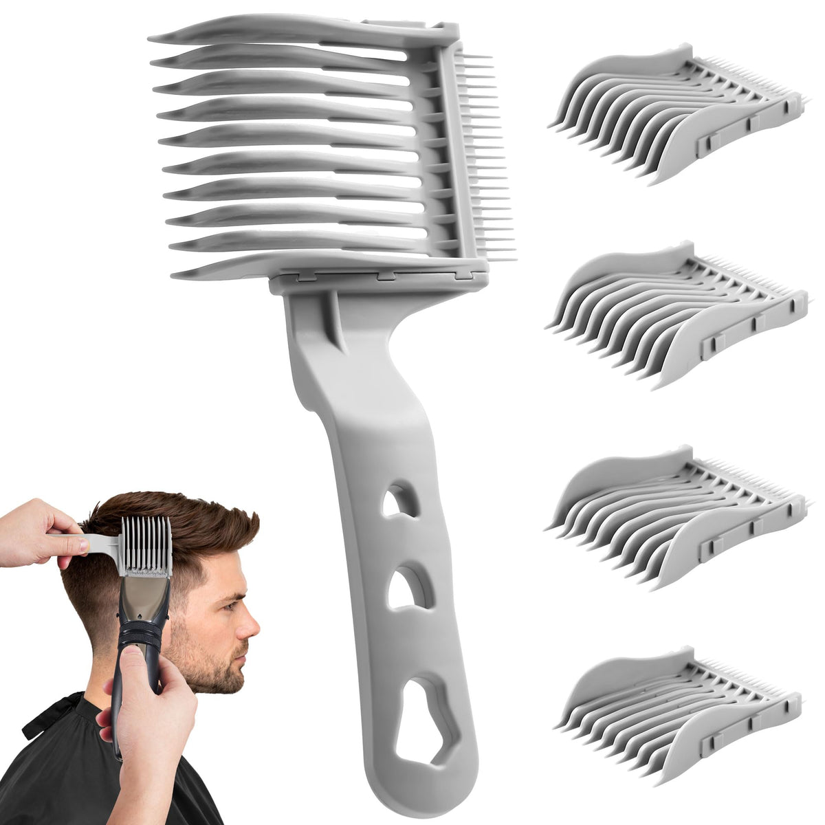 TMJUU front view of complete grey 4-in-1 comb set showing handle and heads for organized grooming