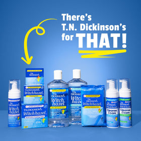 T.N. Dickinson's dermatologist-tested badge emphasizing gentle formula reassurance