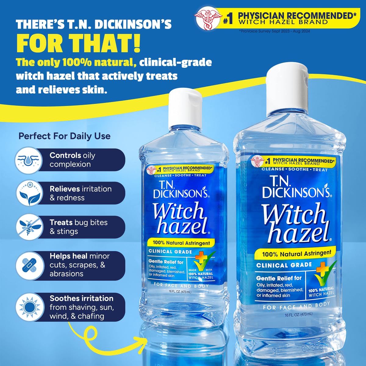 T.N. Dickinson's close-up of bottle label highlighting clinical-grade witch hazel purity