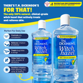 T.N. Dickinson's close-up of bottle label highlighting clinical-grade witch hazel purity