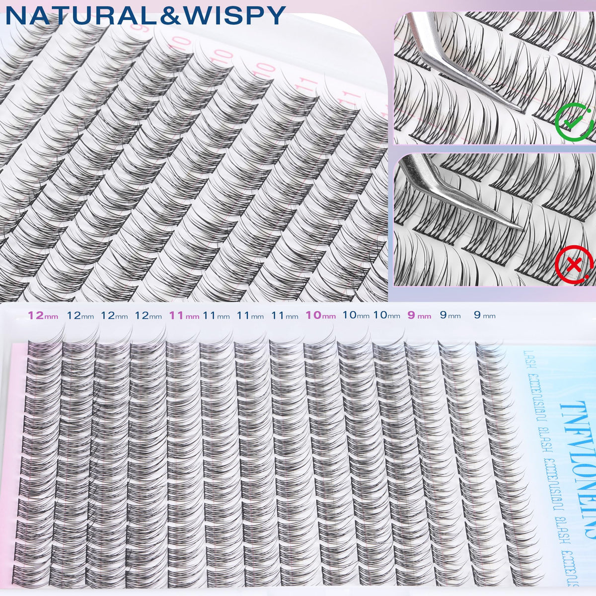TNFVLONEINS hand display of cluster lashes showing 9–12mm lengths for layered lash styling