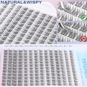 TNFVLONEINS hand display of cluster lashes showing 9–12mm lengths for layered lash styling