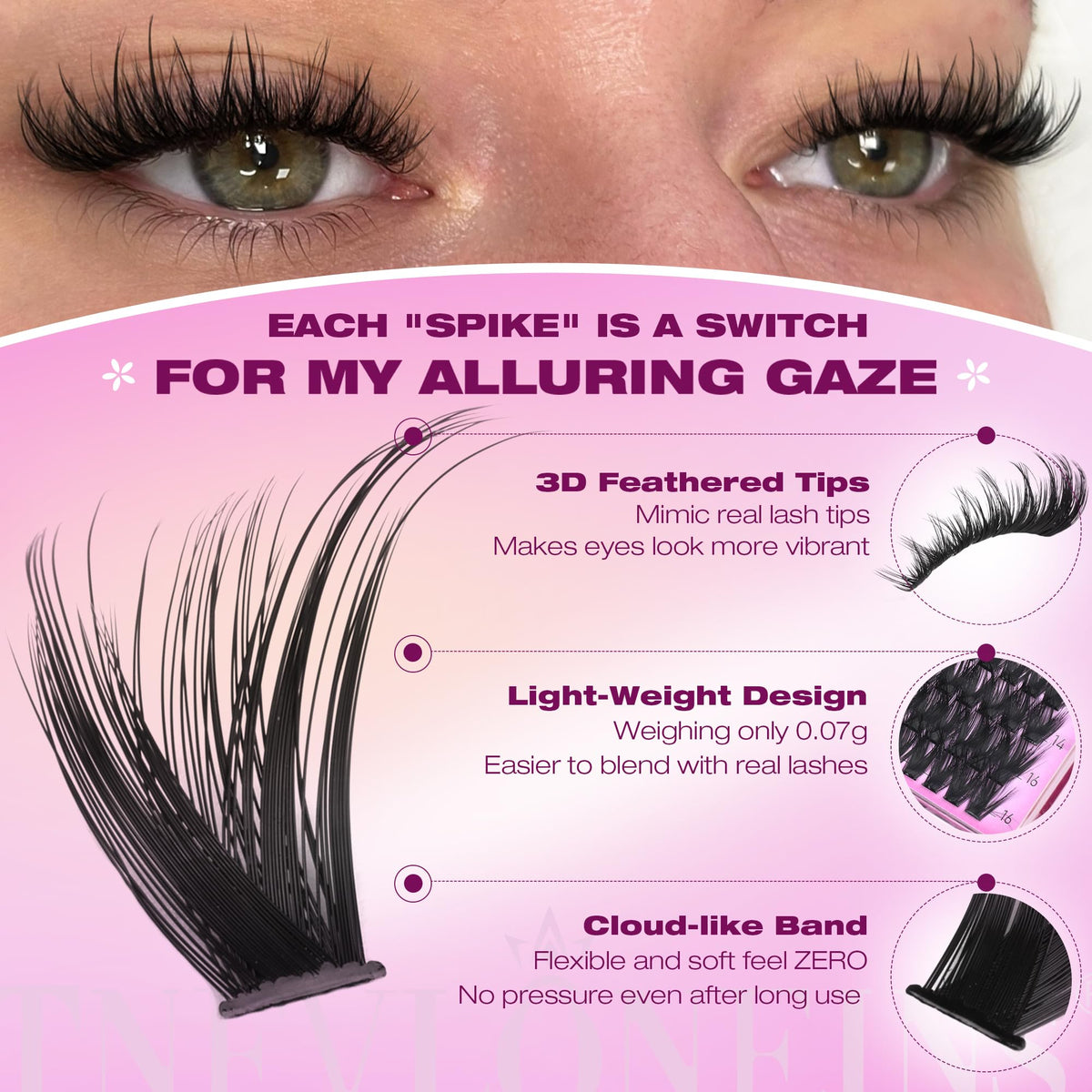 TNFVLONEINS cluster length comparison 10mm to 16mm, helps plan cat-eye or round looks