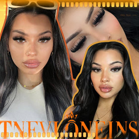 TNFVLONEINS model wearing full volume clusters showcasing dramatic eye impact