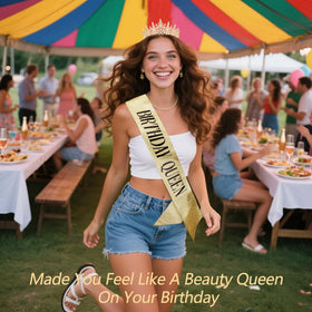 TOBATOBA model wearing sash and tiara for a celebratory, camera-ready look