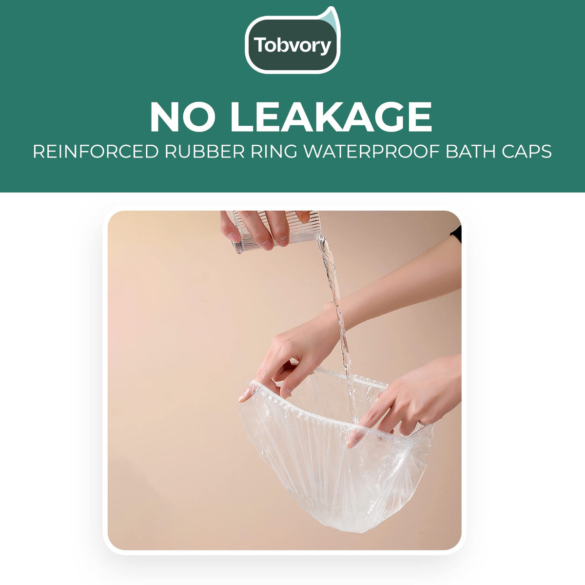 Tobvory shower cap on model in bathroom, keeps hair dry