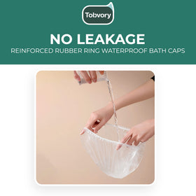 Tobvory shower cap on model in bathroom, keeps hair dry