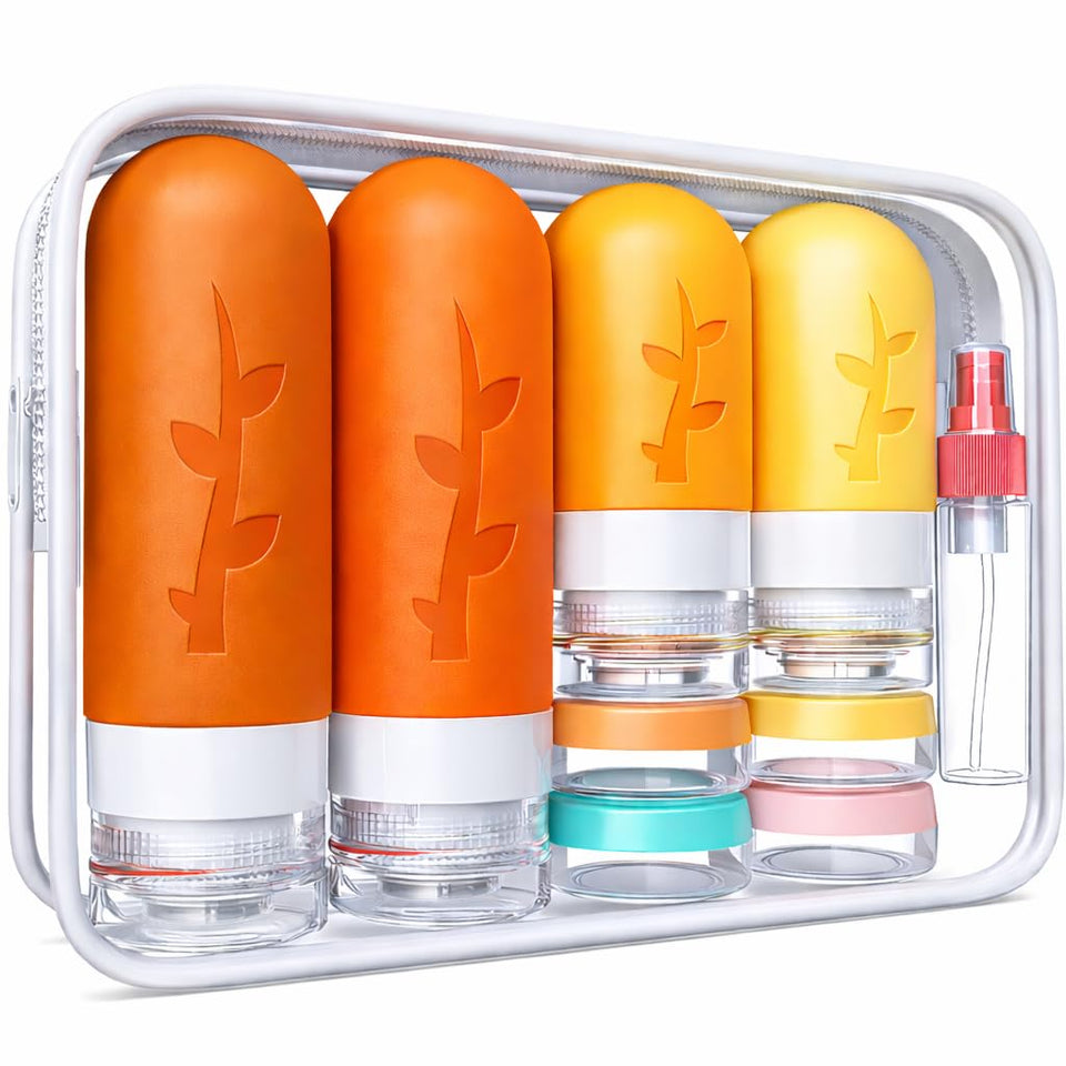 Tocelffe front view of full 18-piece travel toiletry kit showing organized bottles