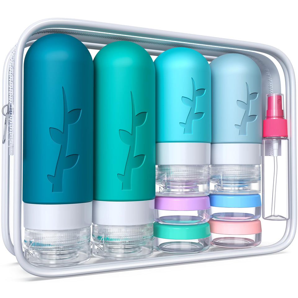 Tocelffe front view of pouch and bottles showing organized travel kit and convenience