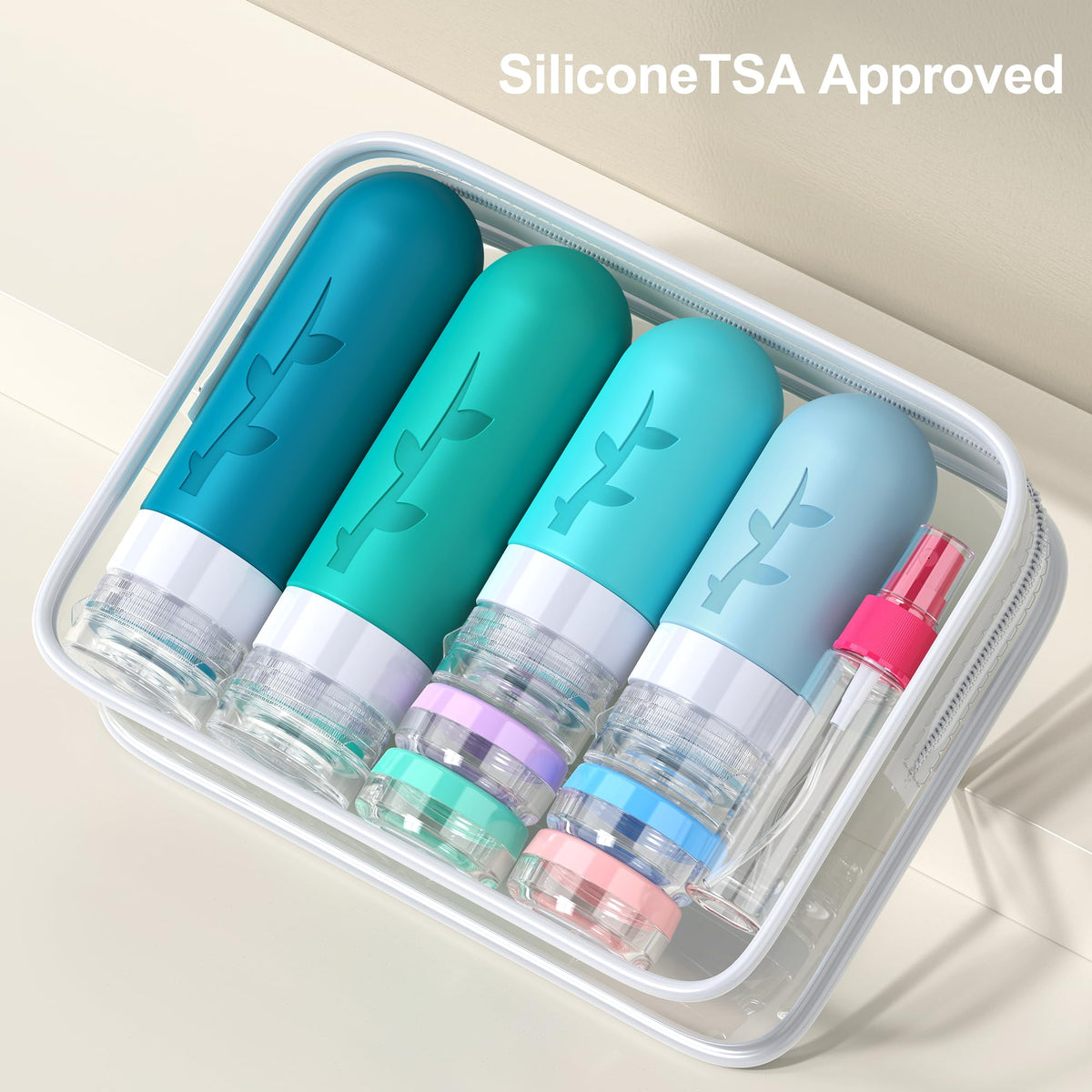 Tocelffe bottles next to hand showing compact size and TSA-friendly capacity