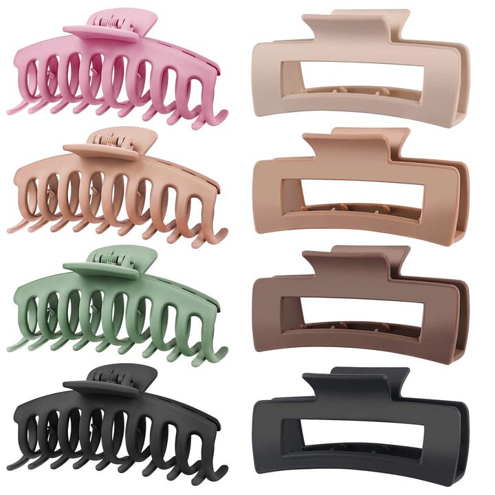 TOCESS front view of eight matte jumbo claw clips showing colors and size benefit