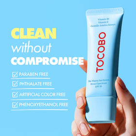 TOCOBO sunscreen in travel flatlay suggesting easy carry and daily use convenience