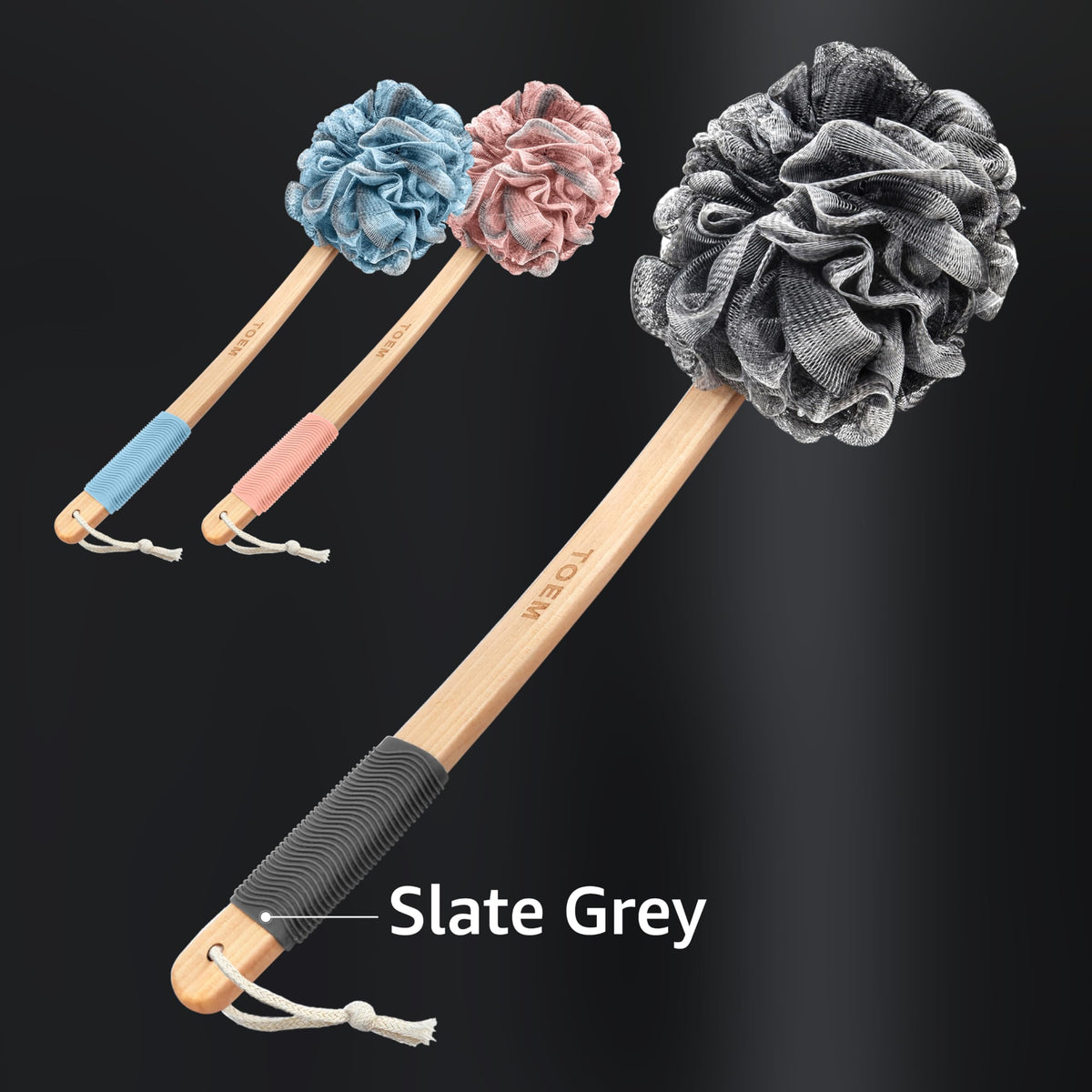 toem long-handled loofah rubber grip for secure non-slip hold