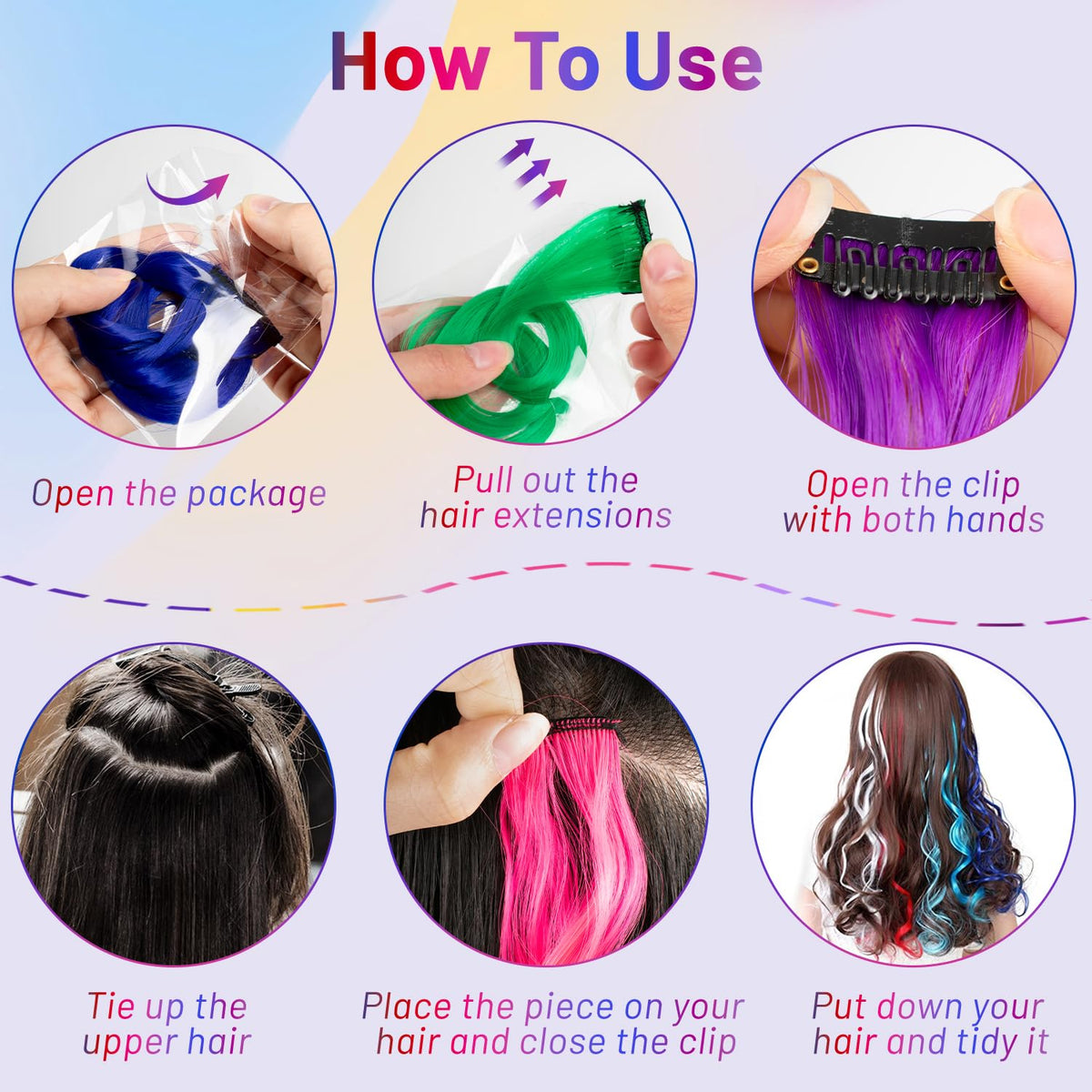 TOFAFA extensions in hair demonstrating colorful highlights for party-ready looks