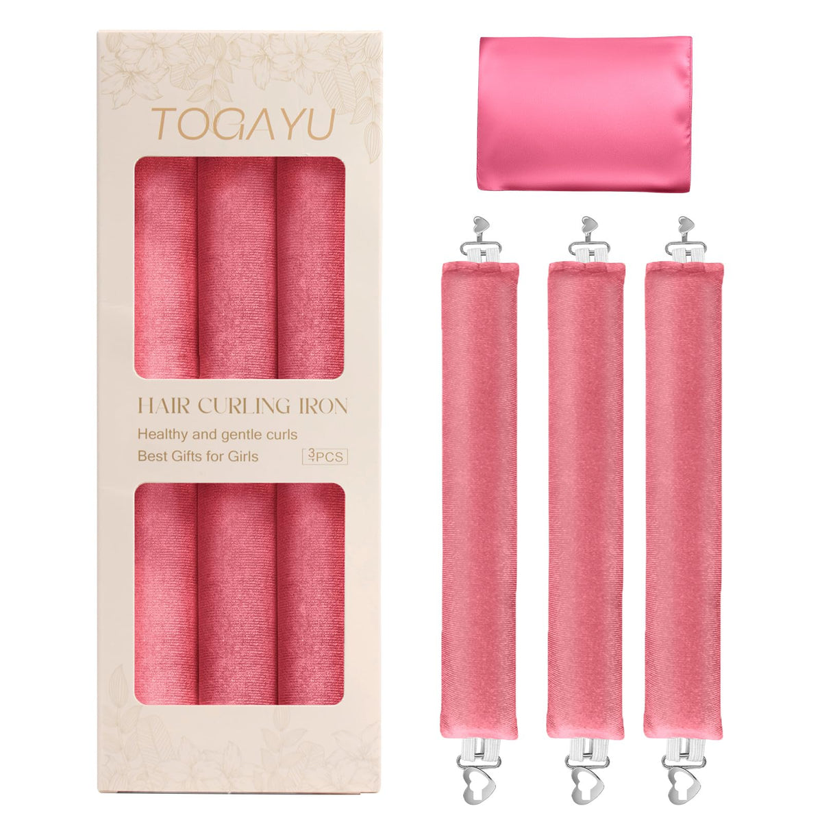 Togayu front packaging showing three jumbo velvet curlers and satin scarf for easy styling