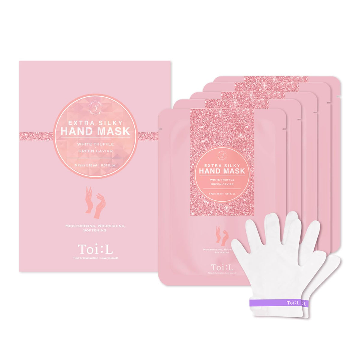 TOI:L front packaging showing five pairs and benefits for moisturizing