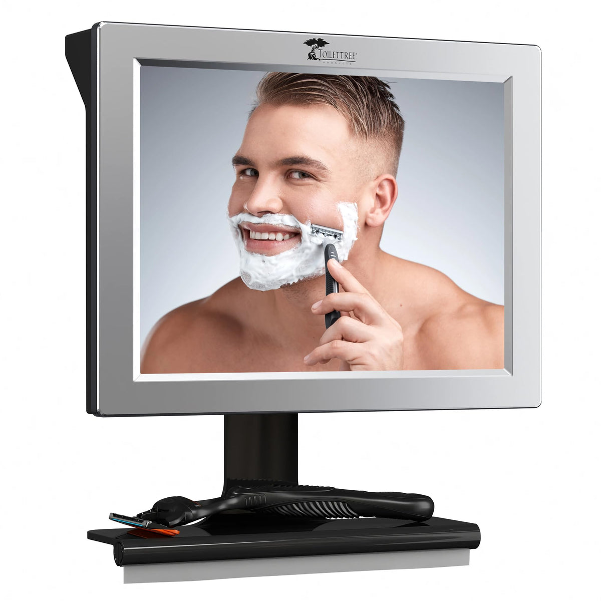 ToiletTree front view of mirror showing compact fogless design and easy install
