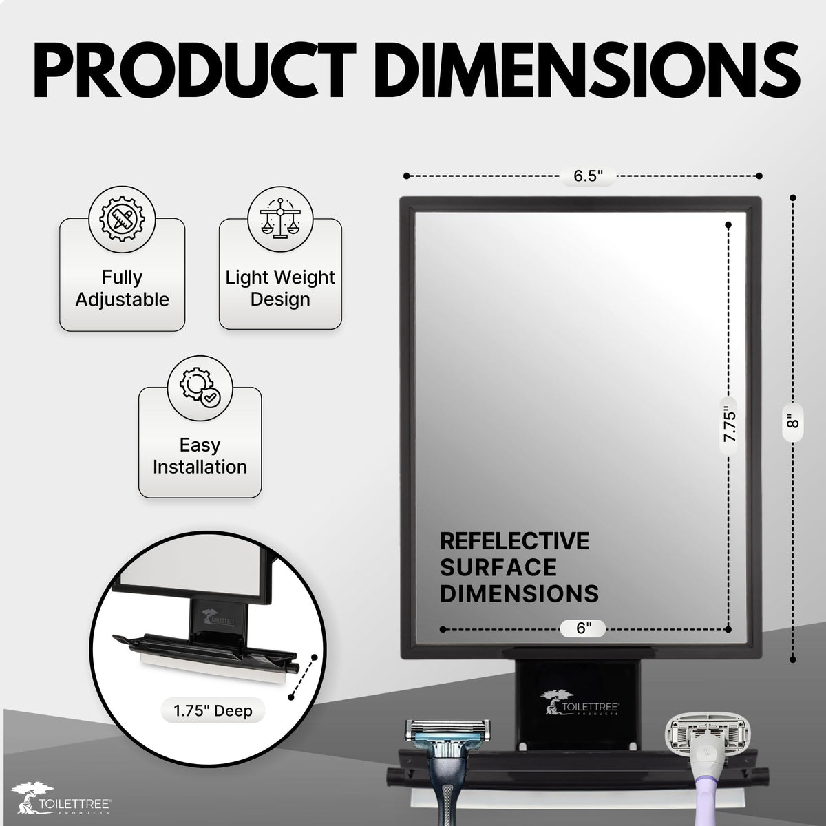 ToiletTree mirror adhered to shower tile showing secure installation advantage