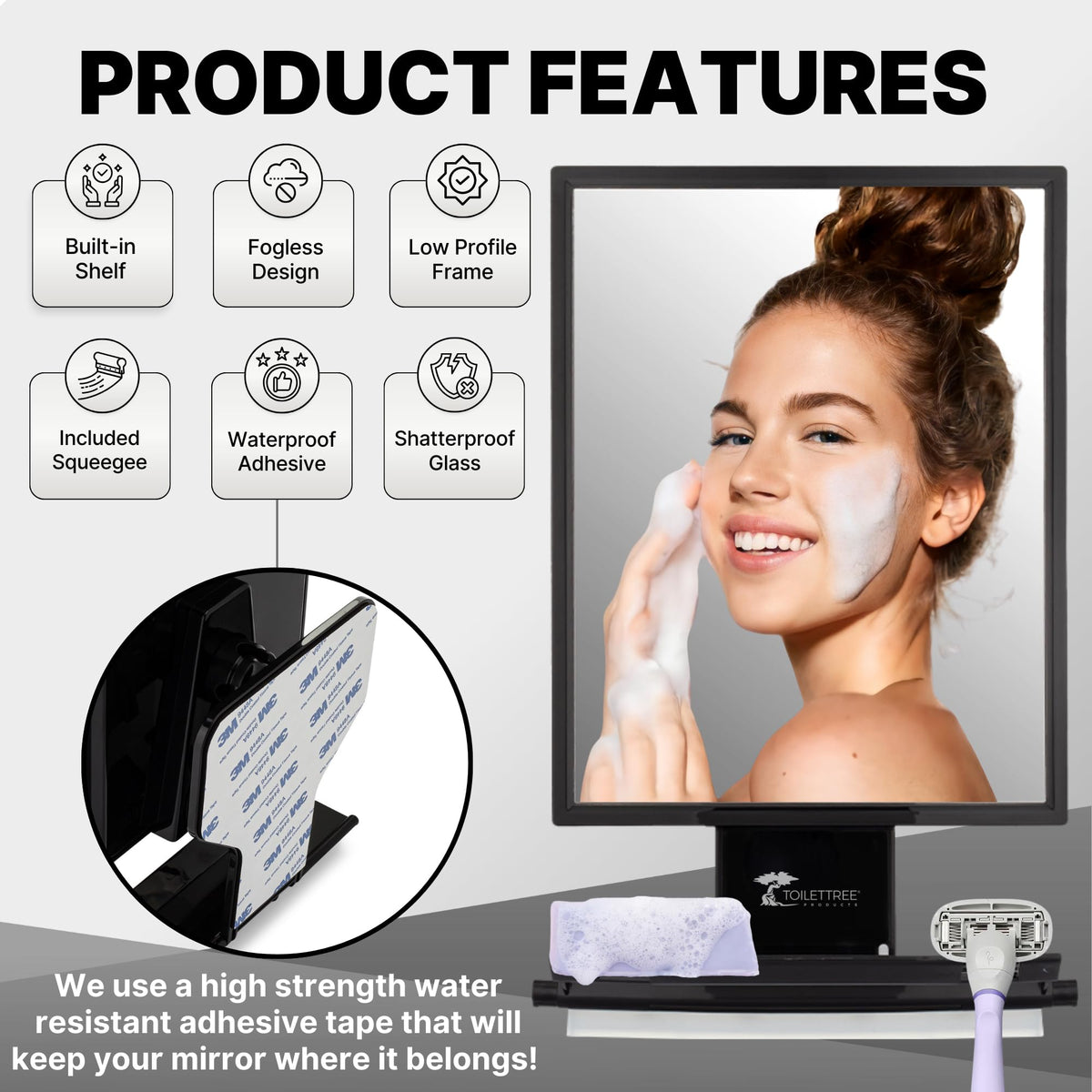 ToiletTree squeegee included beside mirror for quick water removal